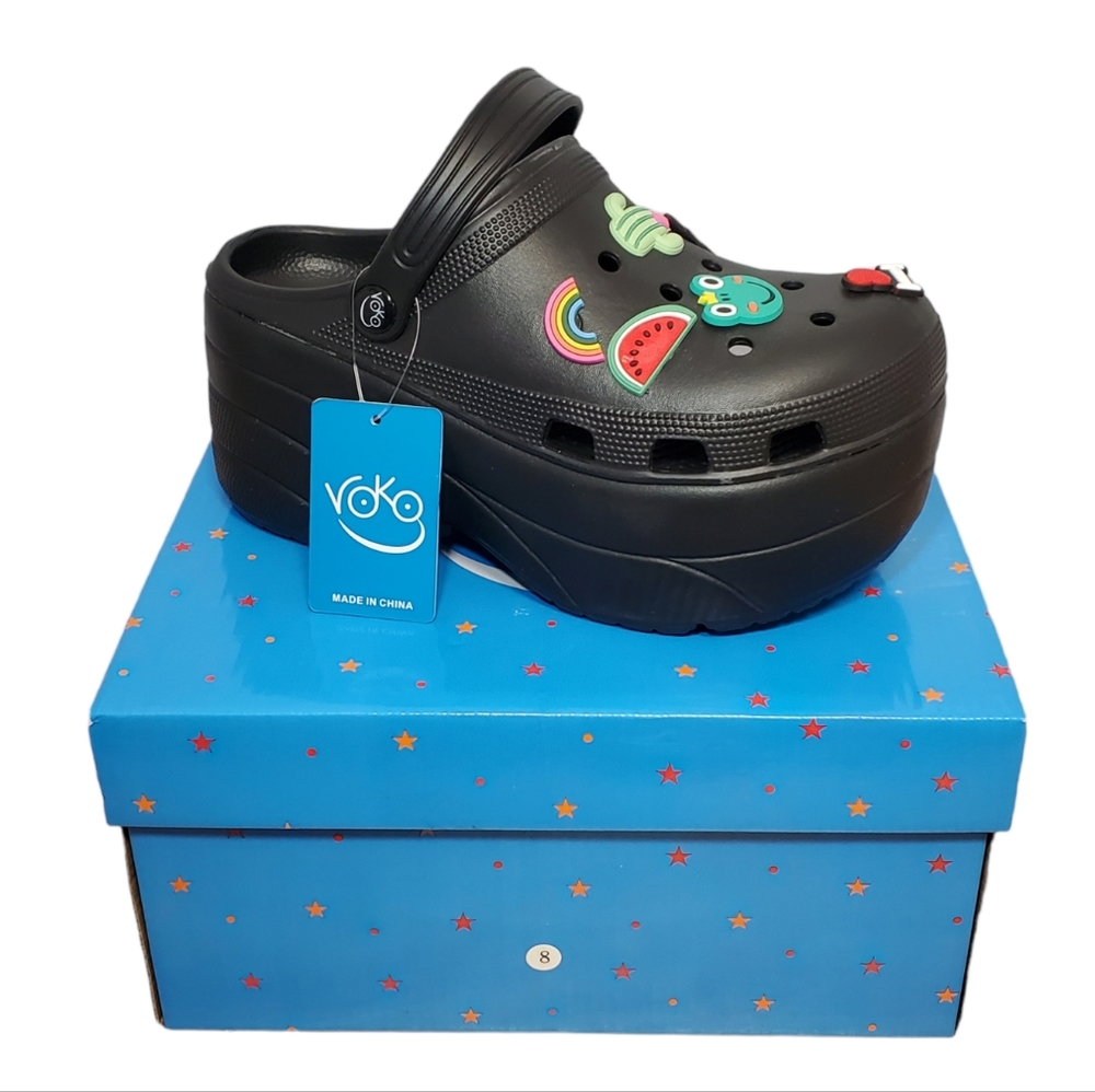 Voko Size 8 Black Platform Clogs with Charms